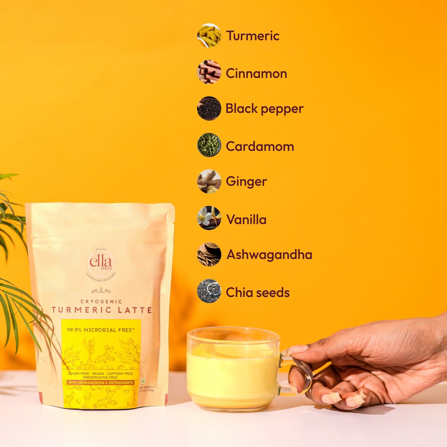 Ella Foods Turmeric Latte Premix | High-Curcumin Golden Milk with Ashwagandha, Probiotics & Healing Spices | No Added Sugar | 100 g