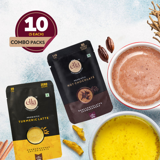 Ella Foods Combo Pack of 10 | Hot Chocolate (5) + Turmeric Latte (5) | Probiotic, Antioxidant-Rich Instant Drinks