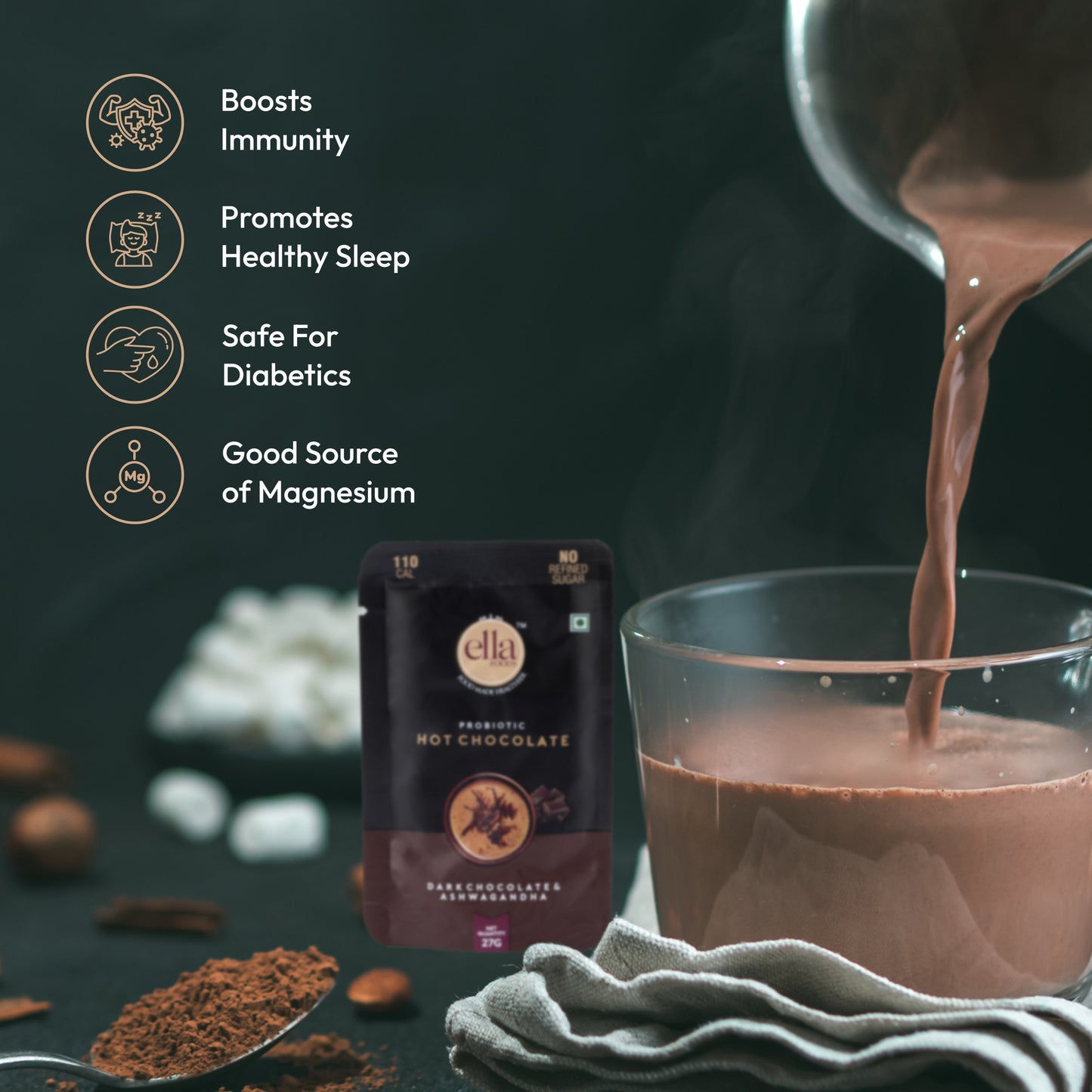 Ella Foods Combo Pack of 10 | Hot Chocolate (5) + Turmeric Latte (5) | Probiotic, Antioxidant-Rich Instant Drinks