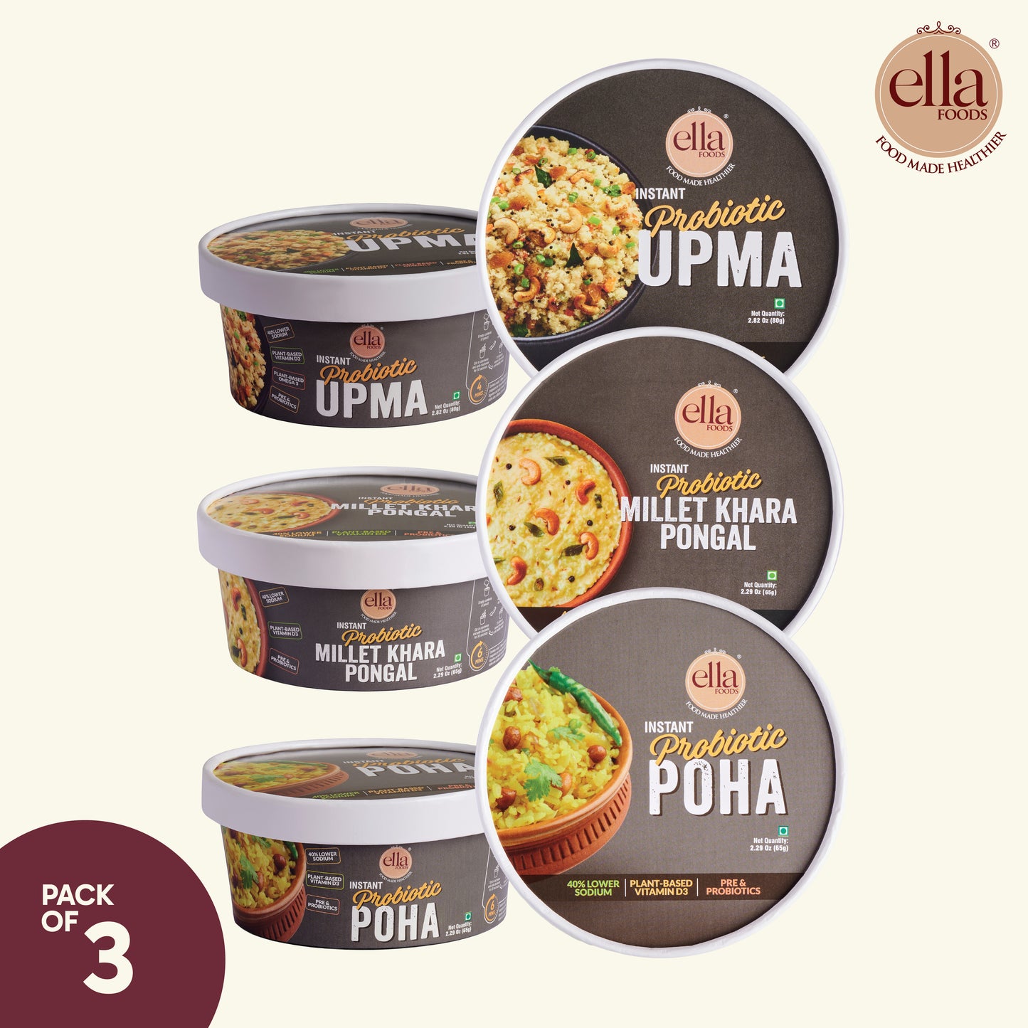 Ready to Eat Instant Probiotic Upma | Khara Pongal | Instant Poha |Combo Pack of 3 | 65g each | with added Probiotics