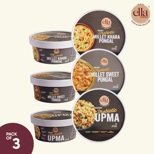 Ready to Eat Khara Pongal | Sweet Pongal | Instant Upma |Combo Pack of 3 | 65g each | with added Probiotics