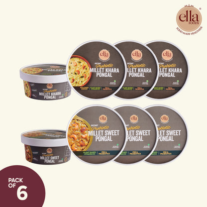 Ella Foods Ready to Eat Combo | Probiotic Khara Pongal & Sweet Pongal | Pack of 6 (3 Each) | 65g Each | With Added Probiotics | Shelf Life: 6 Months