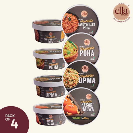Ready to Eat Tangy Millet Poha 80g | Instant Poha 65g | Halwa 65g | Instant Upma 65g | Combo Pack of 4 | with added Probiotics