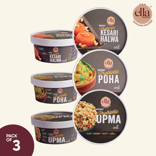 Ready to Eat Instant Probiotic Upma | Kesari Halwa | Instant Poha | Combo Pack of 3 |  65g each | With added Probiotics