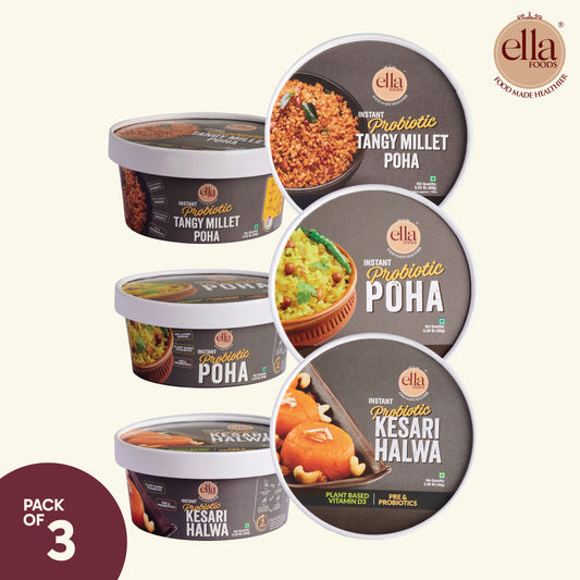 Ready to Eat Tangy Millet Poha 80g | Instant Poha 65g | Halwa 65g  | Combo Pack of 3 | With added Probiotics