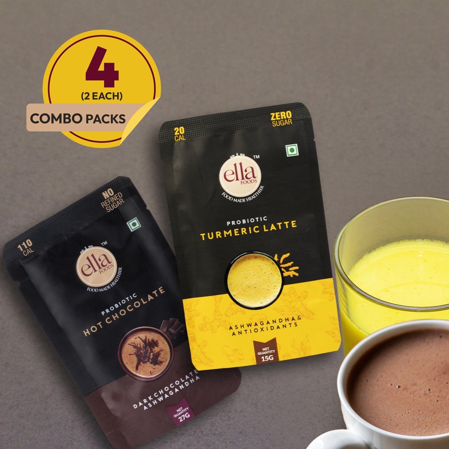 Ella Foods Combo Pack of 4 | Turmeric Latte (2) + Hot Chocolate (2) | Probiotic, Antioxidant-Rich Instant Beverages