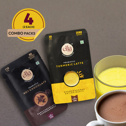 Ella Foods Combo Pack of 4 | Turmeric Latte (2) + Hot Chocolate (2) | Probiotic, Antioxidant-Rich Instant Beverages