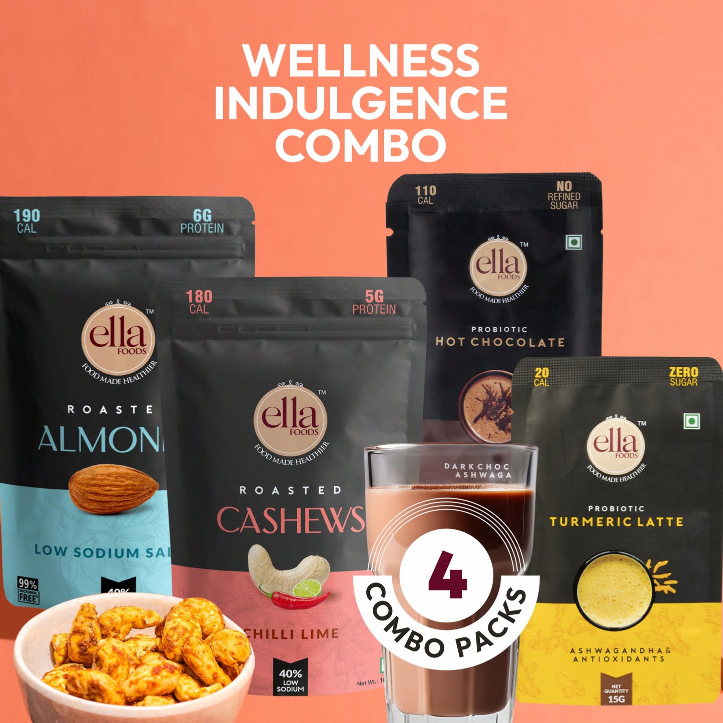 Ella Foods Wellness Indulgence Combo | Chilli Lime Cashews (100g), Salted Almonds (100g), Hot Chocolate (27g) & Instant Turmeric Latte (15g) | Healthy Snacks & Beverage Gift Pack