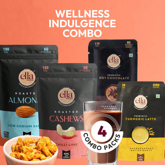 Ella Foods Wellness Indulgence Combo | Chilli Lime Cashews (100g), Salted Almonds (100g), Hot Chocolate (27g) & Instant Turmeric Latte (15g) | Healthy Snacks & Beverage Gift Pack