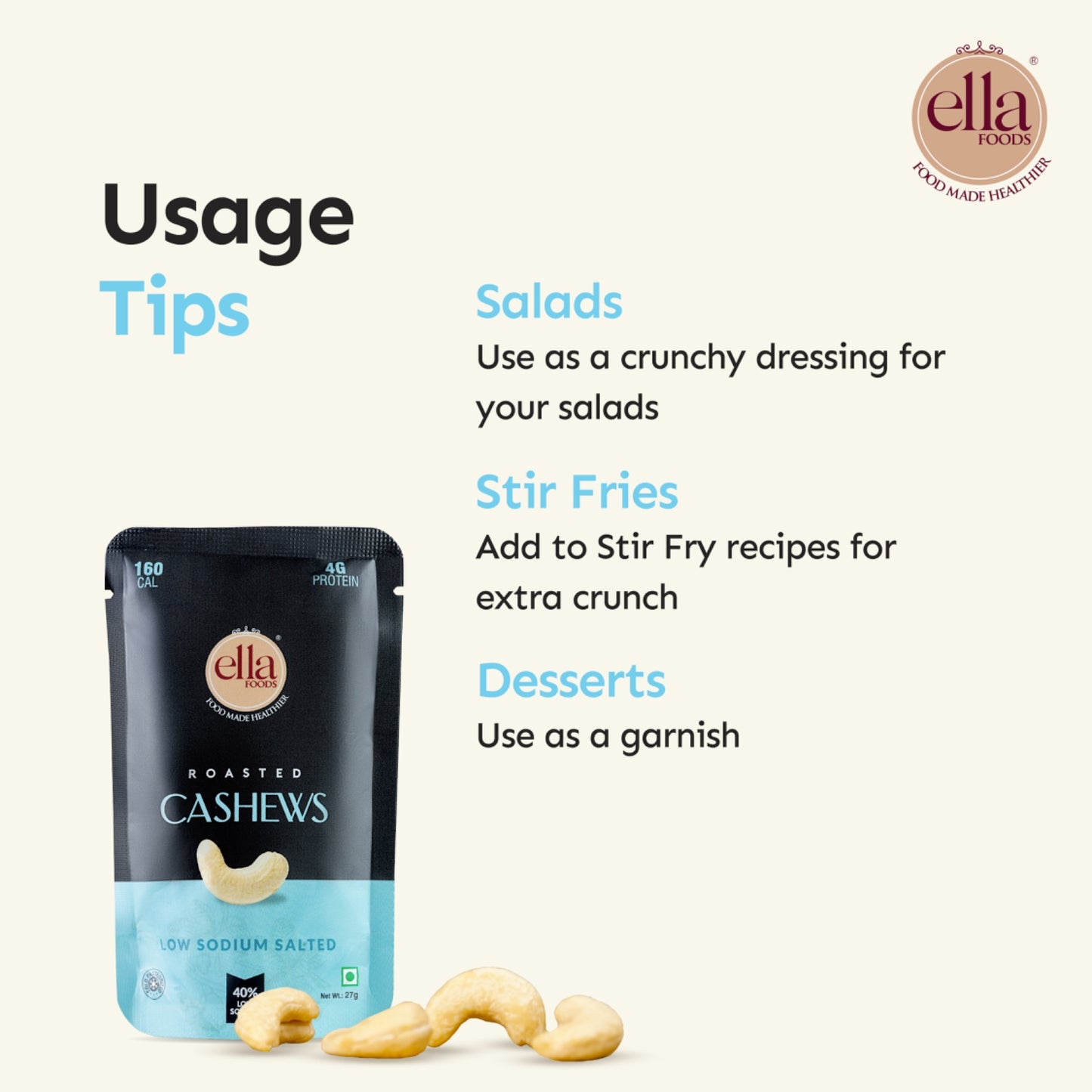 Salted Cashews | 27 grams each | Mini Pack of 5 | 40% Low Sodium Salt