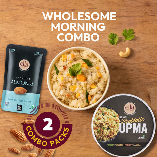 Ella Foods Wholesome Morning Combo | Probiotic Instant Upma & Salted Almonds 27g | Healthy Ready-to-Eat Breakfast Pack