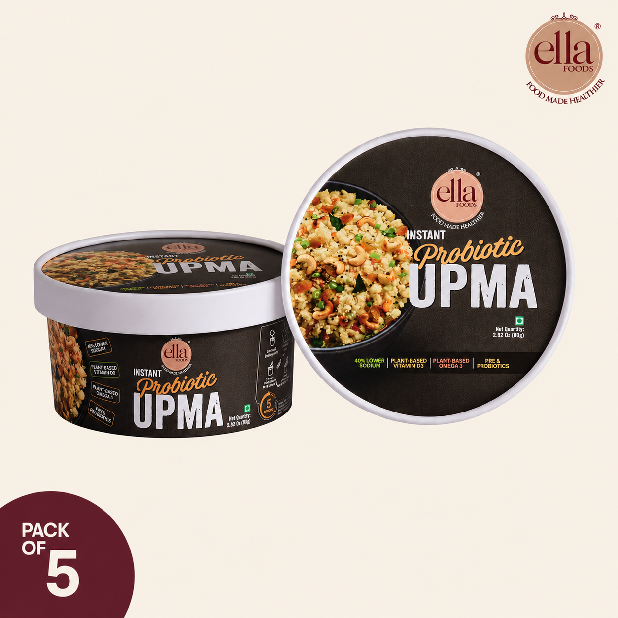 Ella Foods Probiotic Instant Upma | Ready to Eat | Added Pre & Probiotics | 65g | Shelf Life: 6 Months | Combo Pack