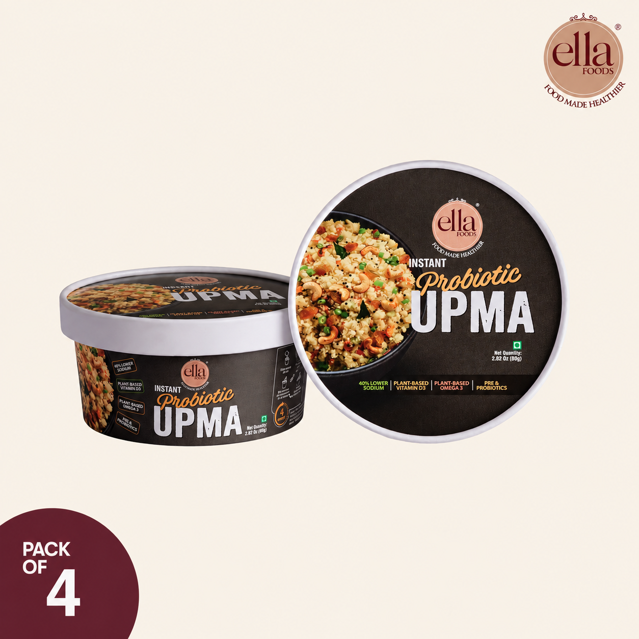 Ella Foods Probiotic Instant Upma | Ready to Eat | Added Pre & Probiotics | 65g | Shelf Life: 6 Months | Combo Pack