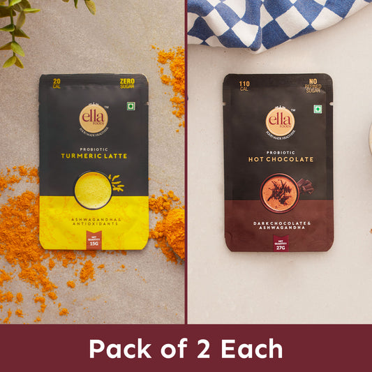 Ella Foods - Turmeric Latte (15g) and Hot Chocolate (27g) -  Pack Of 2 Each